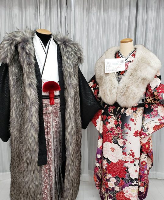 【成人式】紋付羽織袴用ロングファーコート・黒グレー